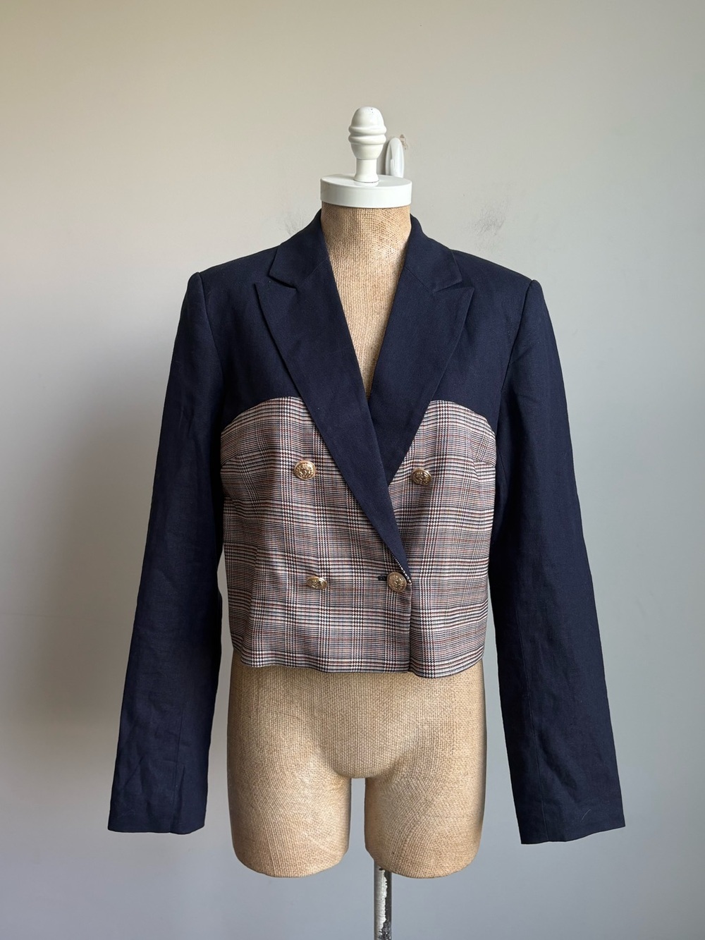 Jason Wu Mixed Media Cropped Navy Plaid‎ Blazer Jacket Medium - Picture 8 of 10
